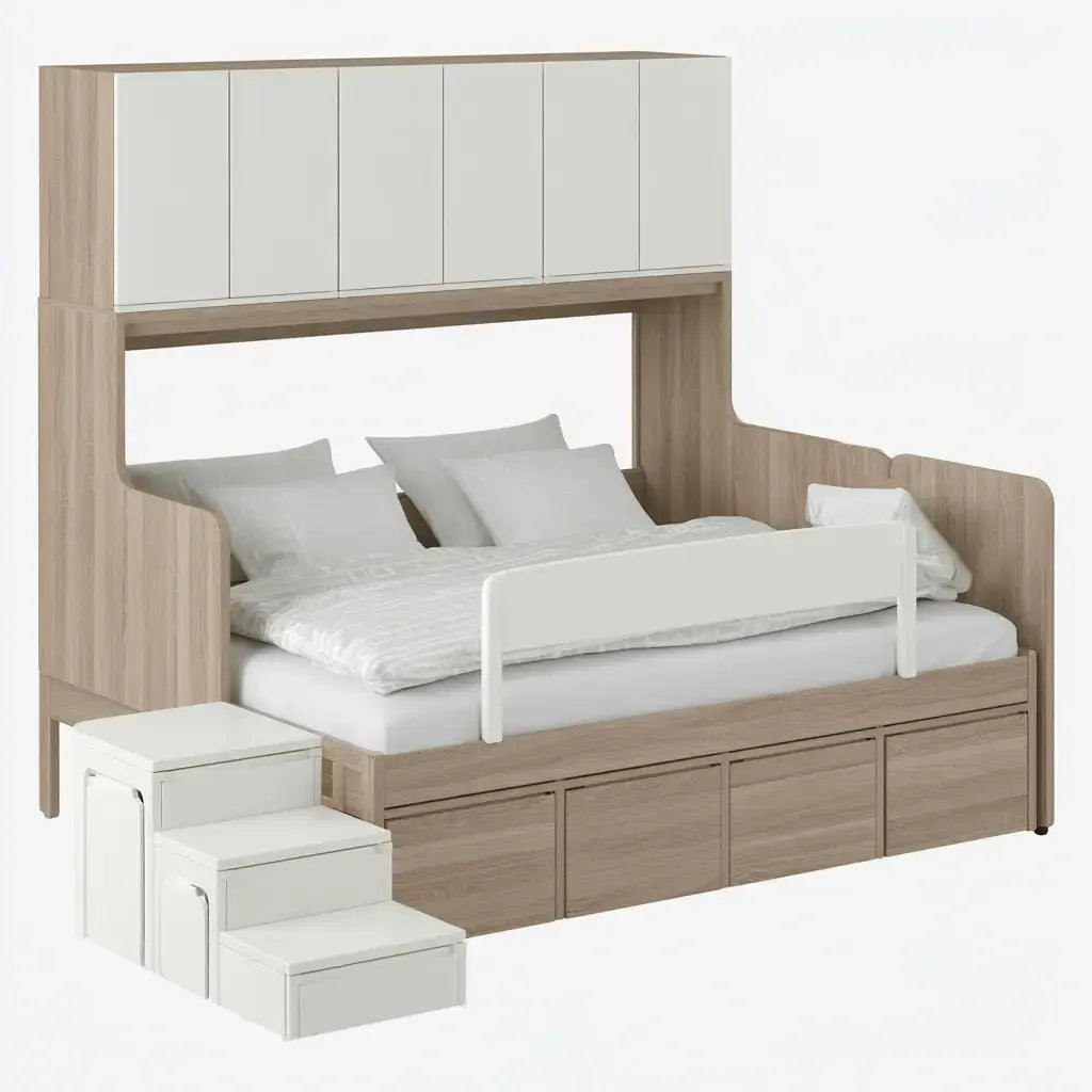 Cama con estructura elevada con escalera lateral - beige/blanco
