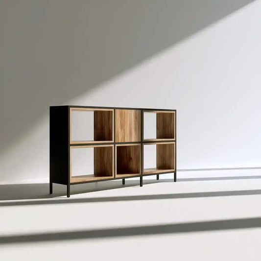 Estantería con compartimentos rectangulares y patas finas - marrón/negro