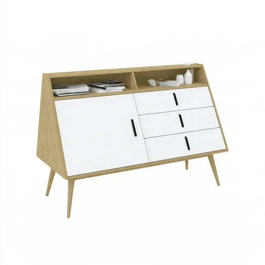 Aparador con frente inclinado y módulos superiores - beige/blanco