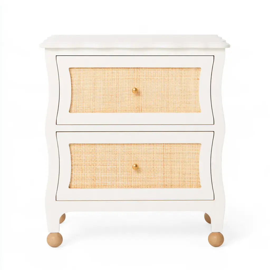 Mesita de noche con cajones de rejilla y patas redondas - blanco/beige