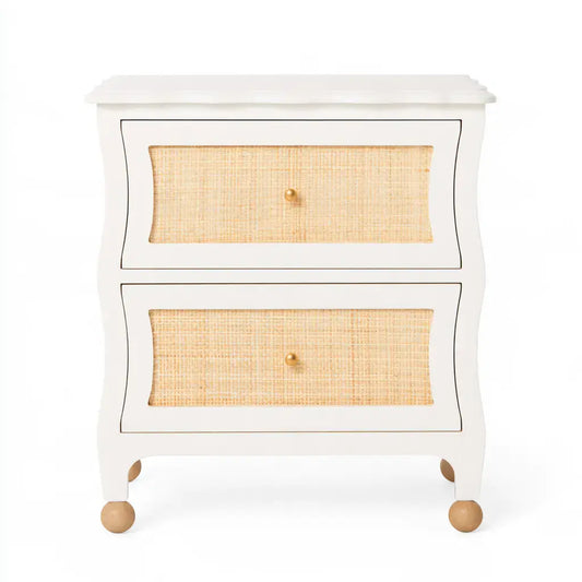 Mesita de noche con cajones de rejilla y patas redondas - blanco/beige