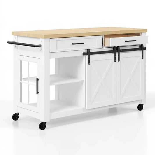Isla de cocina con puertas correderas y estantes laterales - blanco/beige